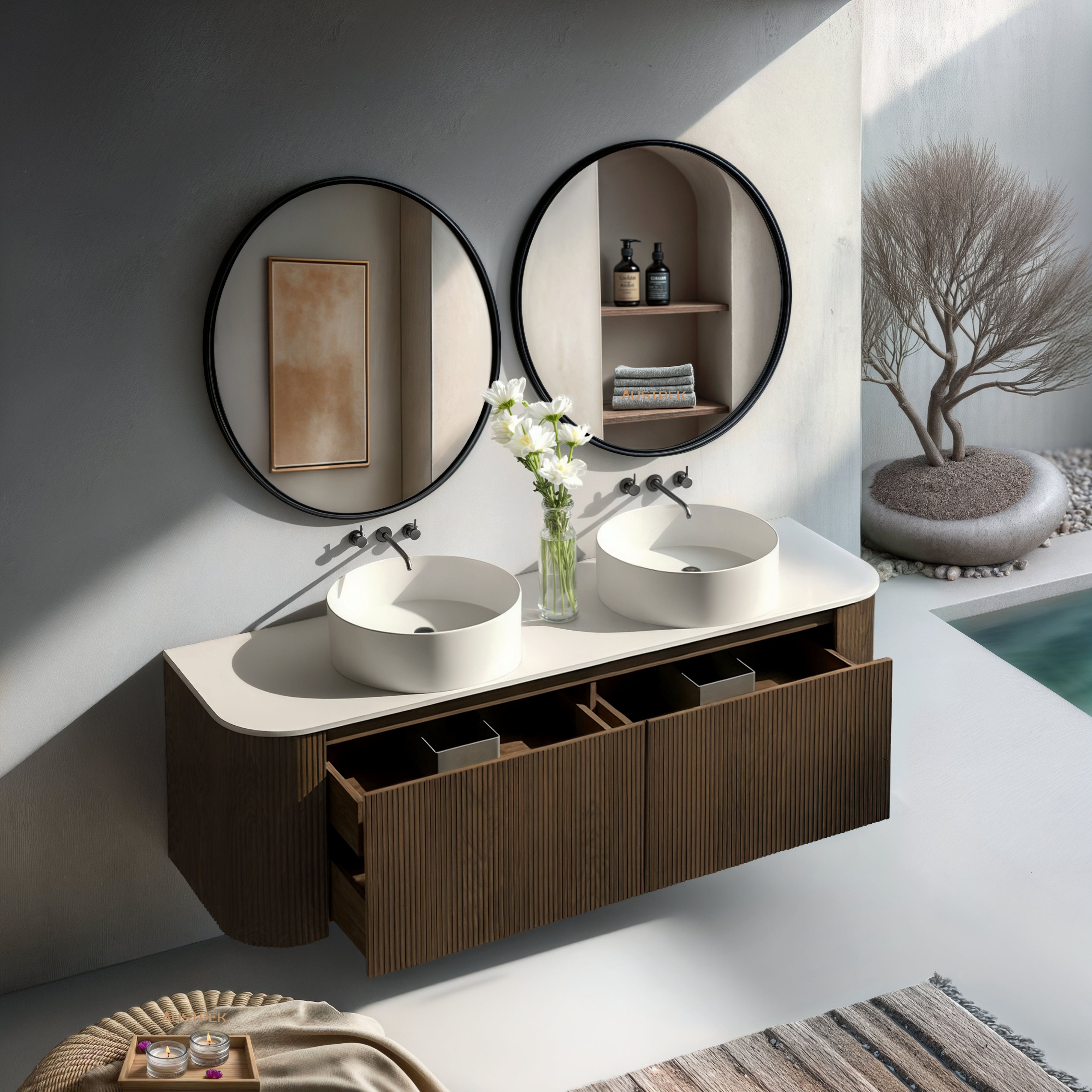 ORIO HAYMAN DARK WALNUT FLUTED 1500MM CURVE DOUBLE BOWL WALL HUNG VANITY