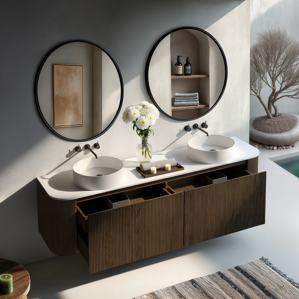 ORIO HAYMAN DARK WALNUT FLUTED 1800MM CURVE DOUBLE BOWL WALL HUNG VANITY
