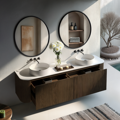 ORIO HAYMAN DARK WALNUT FLUTED 1800MM CURVE DOUBLE BOWL WALL HUNG VANITY