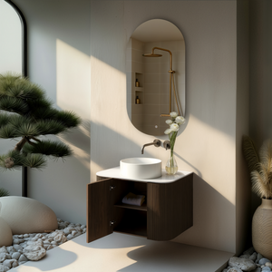 ORIO HAYMAN DARK WALNUT FLUTED 600MM CURVE SINGLE BOWL WALL HUNG VANITY