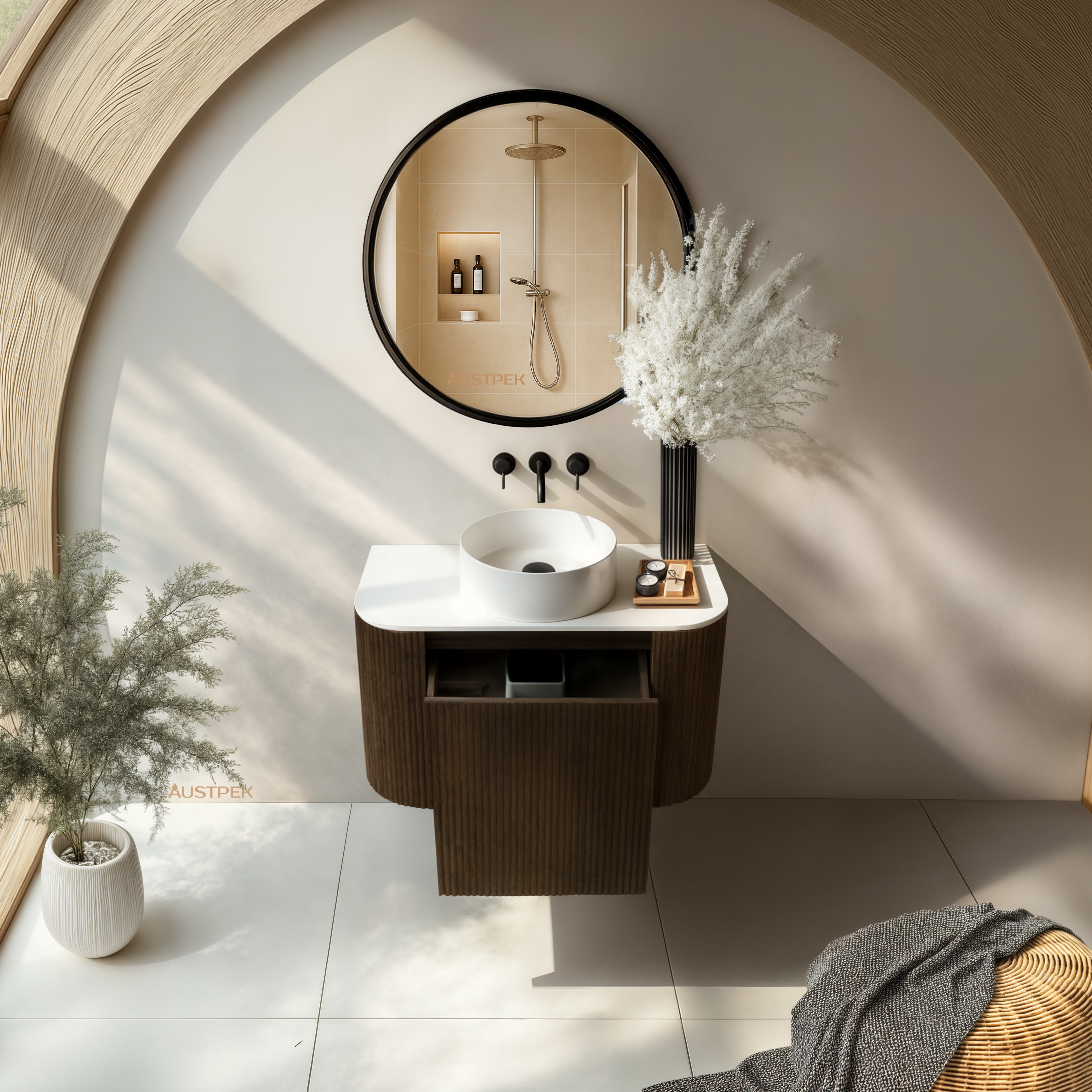 ORIO HAYMAN DARK WALNUT FLUTED 750MM CURVE SINGLE BOWL WALL HUNG VANITY