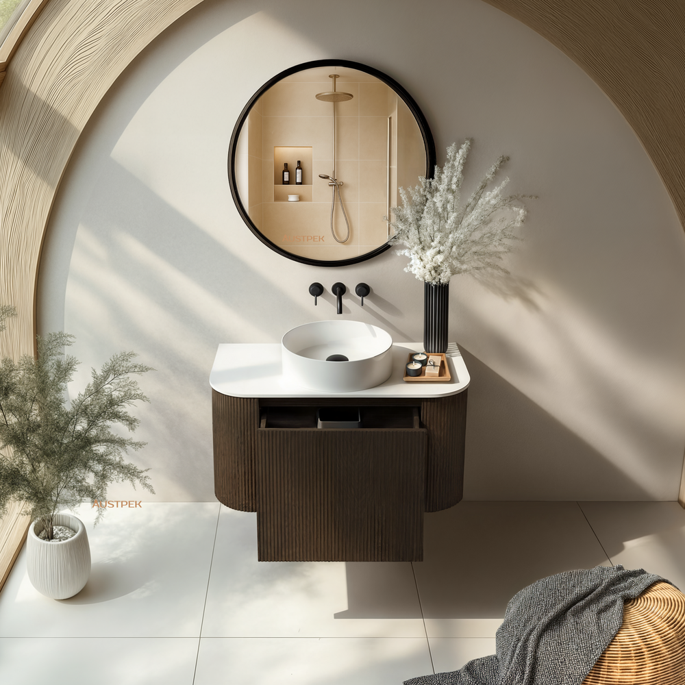 ORIO HAYMAN DARK WALNUT FLUTED 900MM CURVE SINGLE BOWL WALL HUNG VANITY