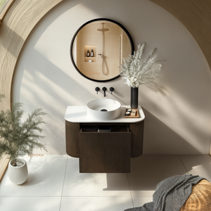 ORIO HAYMAN DARK WALNUT FLUTED 900MM CURVE SINGLE BOWL WALL HUNG VANITY