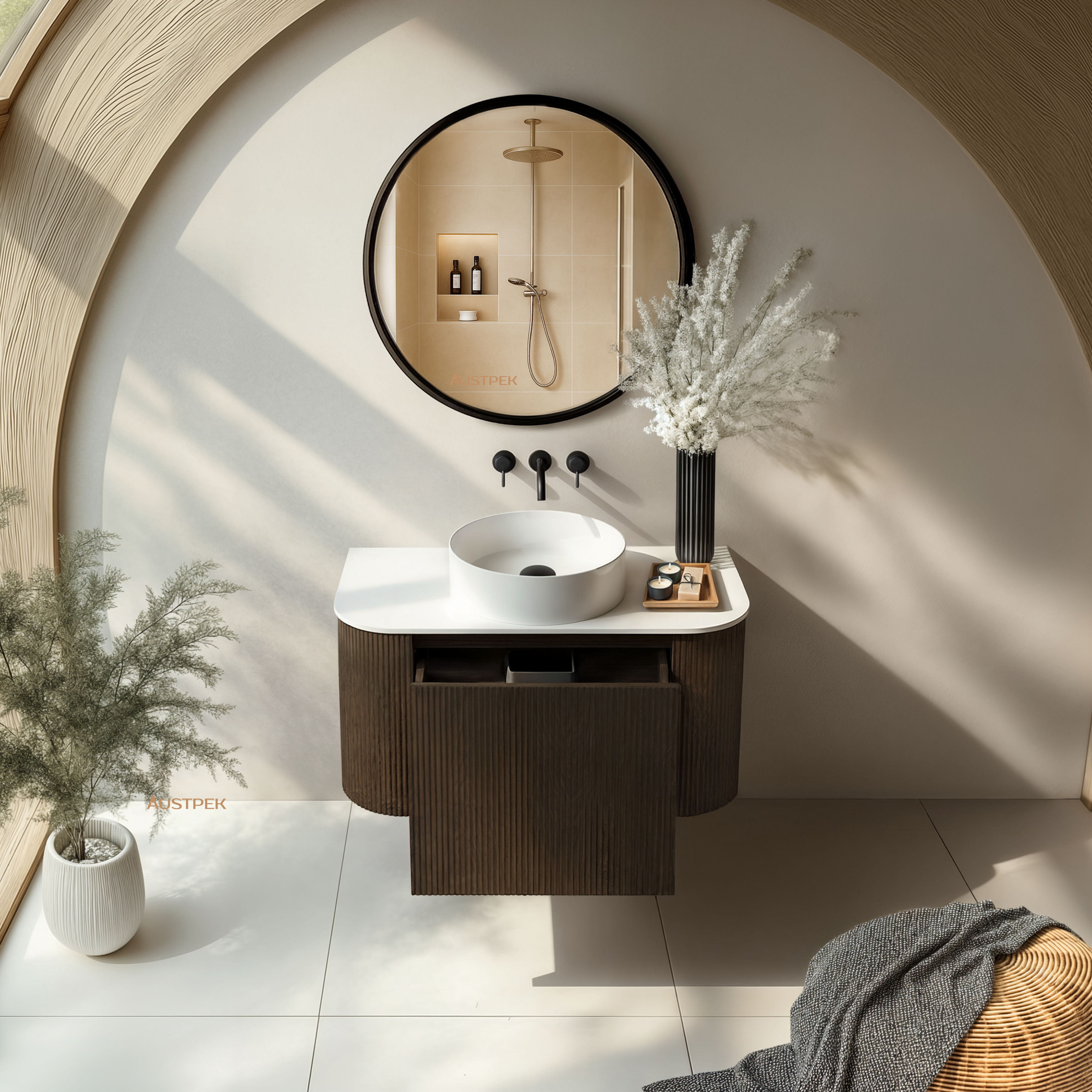 ORIO HAYMAN DARK WALNUT FLUTED 900MM CURVE SINGLE BOWL WALL HUNG VANITY