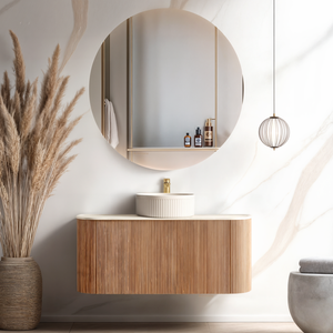 ORIO HAYMAN LIGHT WALNUT FLUTED 1200MM CURVE SINGLE BOWL WALL HUNG VANITY