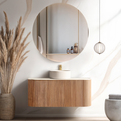 ORIO HAYMAN LIGHT WALNUT FLUTED 1200MM CURVE SINGLE BOWL WALL HUNG VANITY