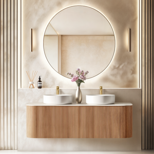 ORIO HAYMAN LIGHT WALNUT FLUTED 1500MM CURVE DOUBLE BOWL WALL HUNG VANITY