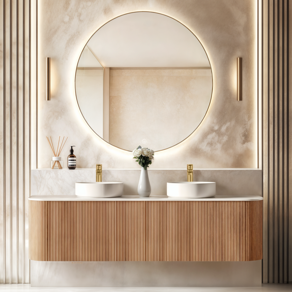 ORIO HAYMAN LIGHT WALNUT FLUTED 1800MM CURVE DOUBLE BOWL WALL HUNG VANITY