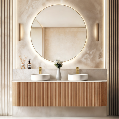 ORIO HAYMAN LIGHT WALNUT FLUTED 1800MM CURVE DOUBLE BOWL WALL HUNG VANITY