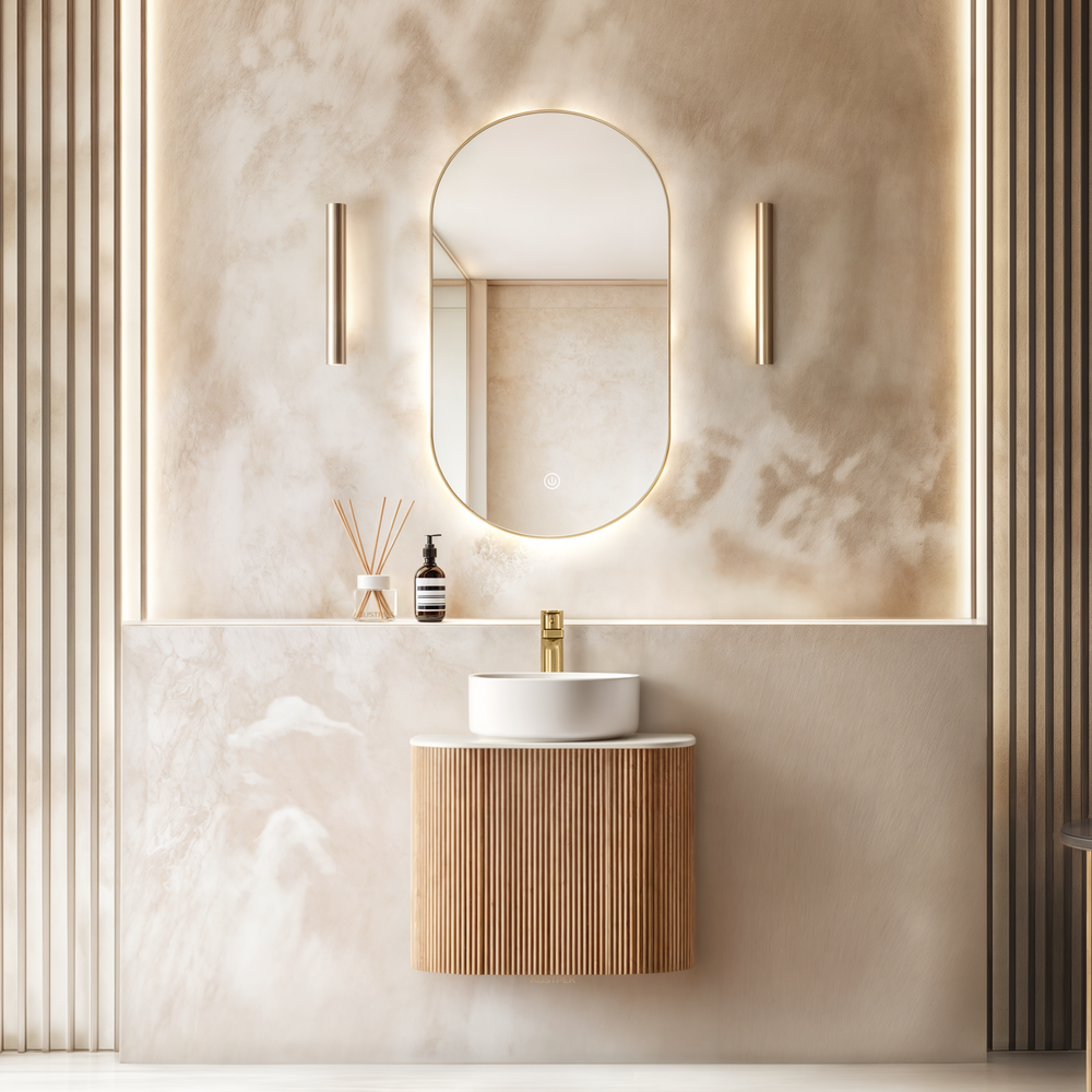 ORIO HAYMAN LIGHT WALNUT FLUTED 600MM CURVE SINGLE BOWL WALL HUNG VANITY