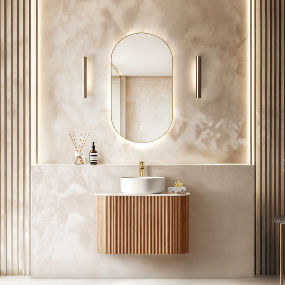 ORIO HAYMAN LIGHT WALNUT FLUTED 750MM CURVE SINGLE BOWL WALL HUNG VANITY