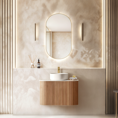 ORIO HAYMAN LIGHT WALNUT FLUTED 750MM CURVE SINGLE BOWL WALL HUNG VANITY