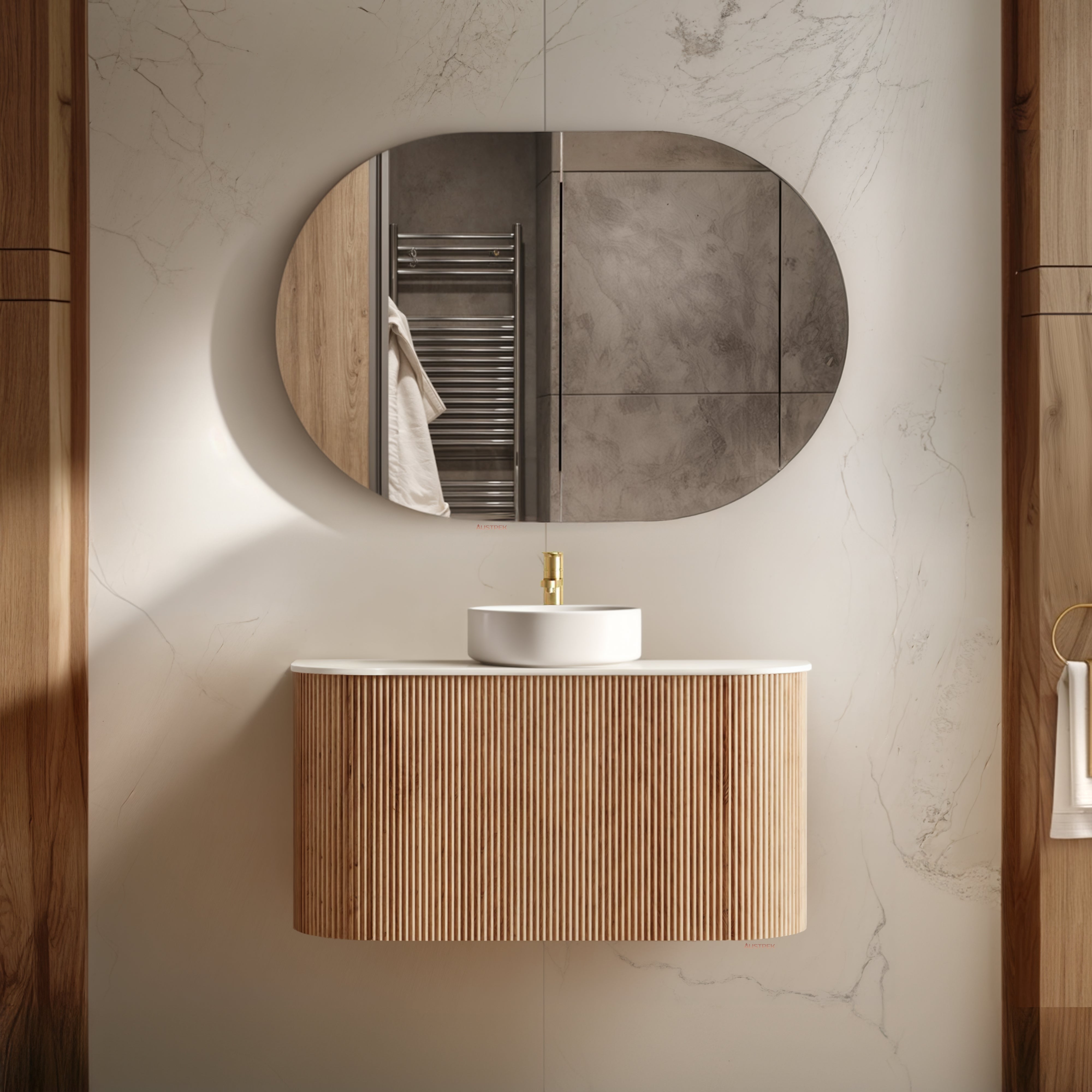 ORIO HAYMAN LIGHT WALNUT FLUTED 900MM CURVE SINGLE BOWL WALL HUNG VANITY