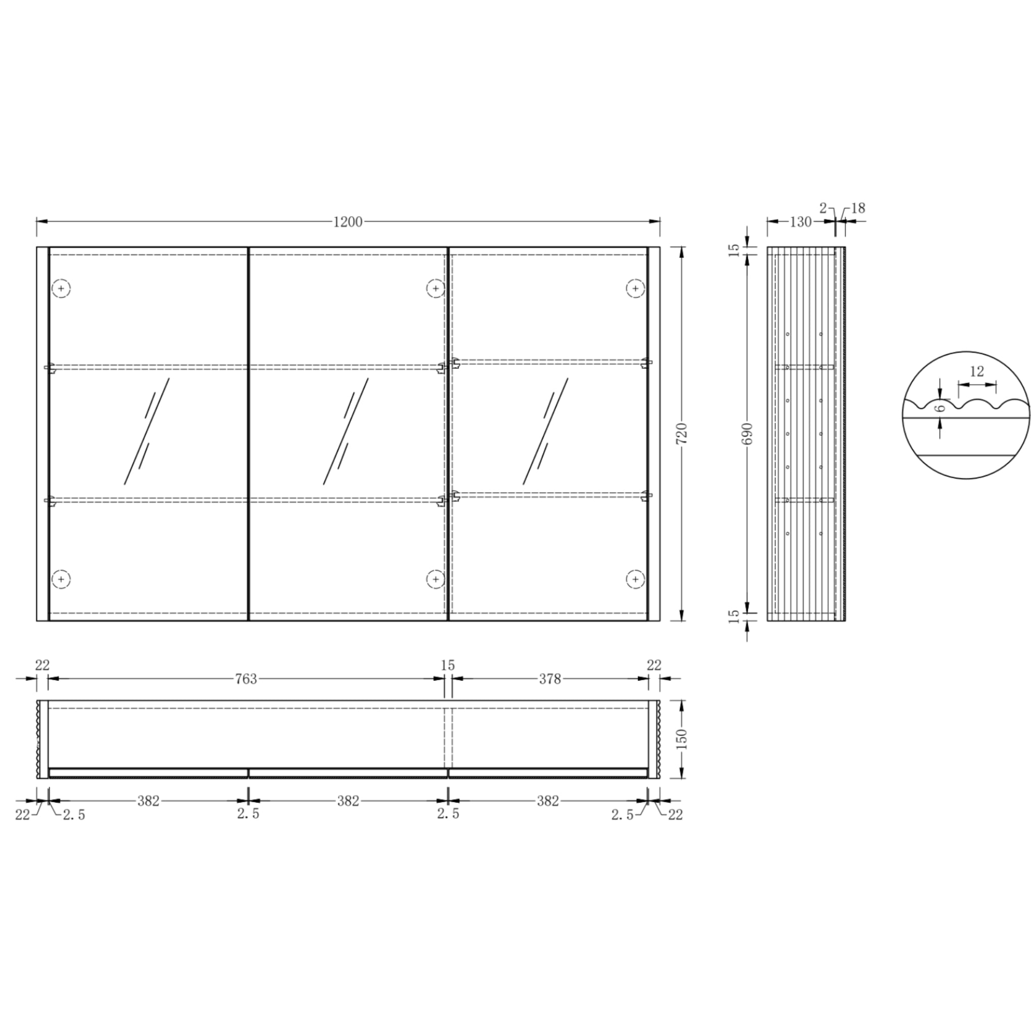 ORIO HAYMAN LIGHT WALNUT FLUTED MIRROR SHAVING CABINET 1200MM