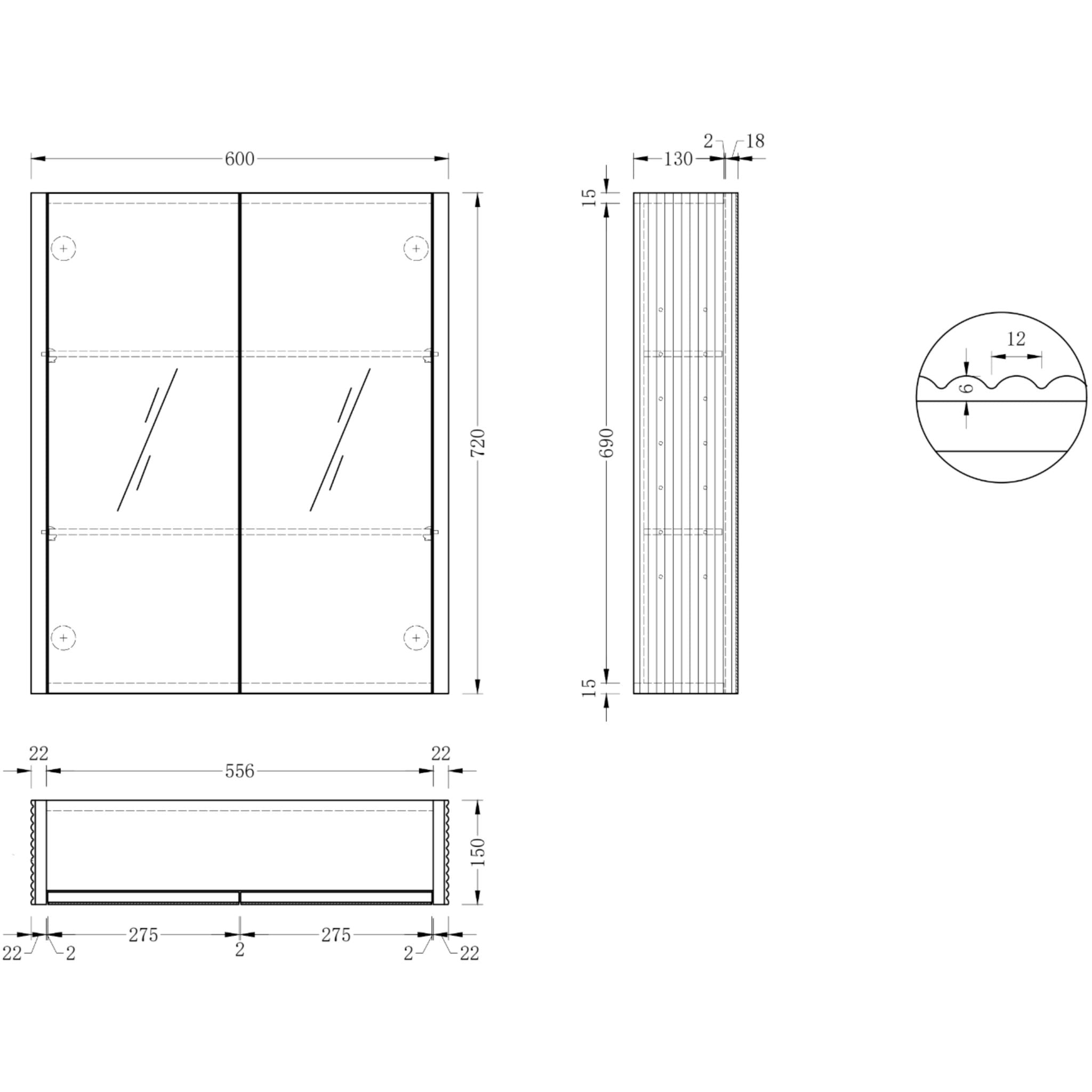 ORIO HAYMAN LIGHT WALNUT FLUTED MIRROR SHAVING CABINET 600MM