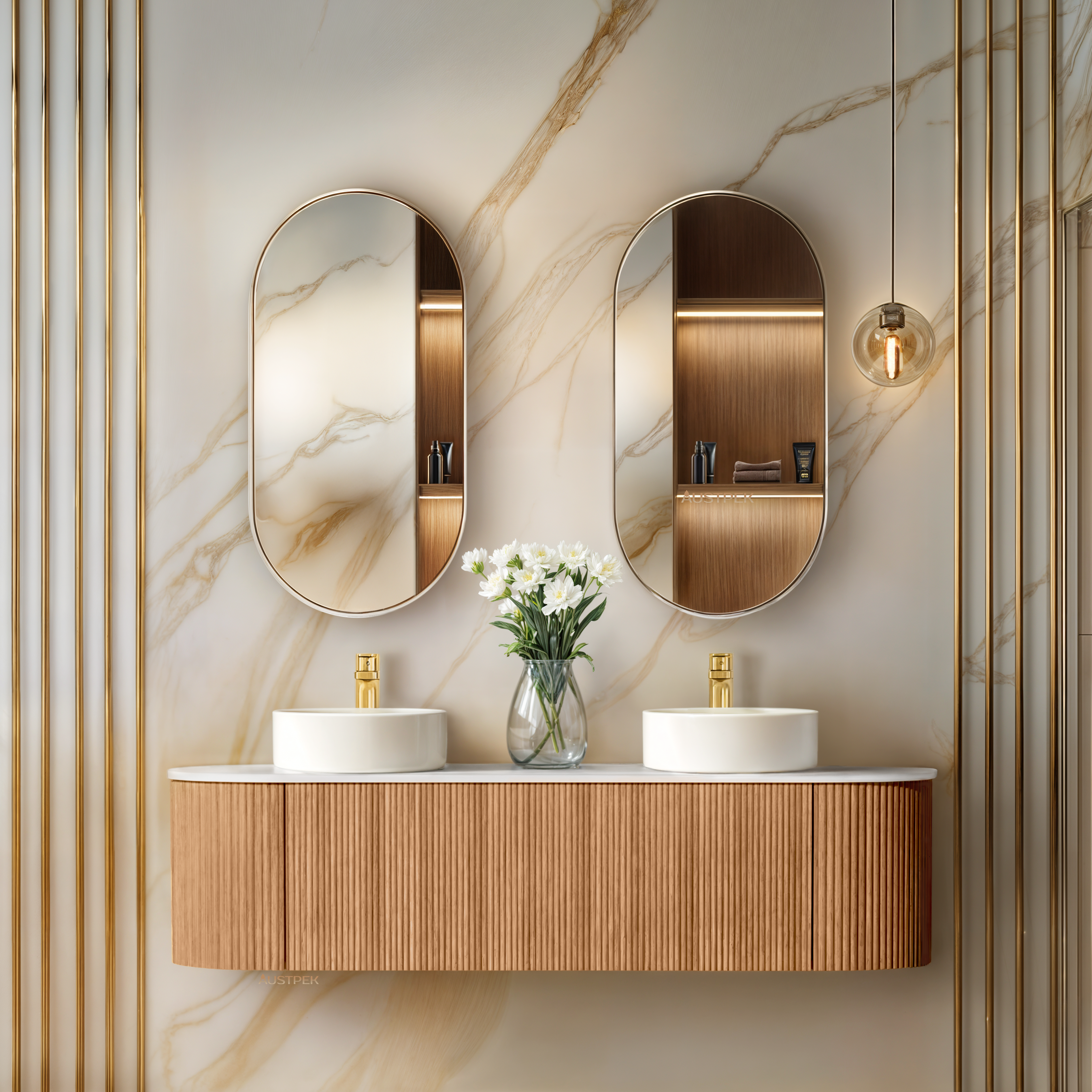 ORIO MONTEBELLO LIGHT WALNUT FLUTED 1500MM OVAL DOUBLE BOWL WALL HUNG VANITY