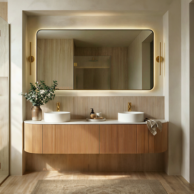 ORIO MONTEBELLO LIGHT WALNUT FLUTED 1800MM OVAL DOUBLE BOWL WALL HUNG VANITY