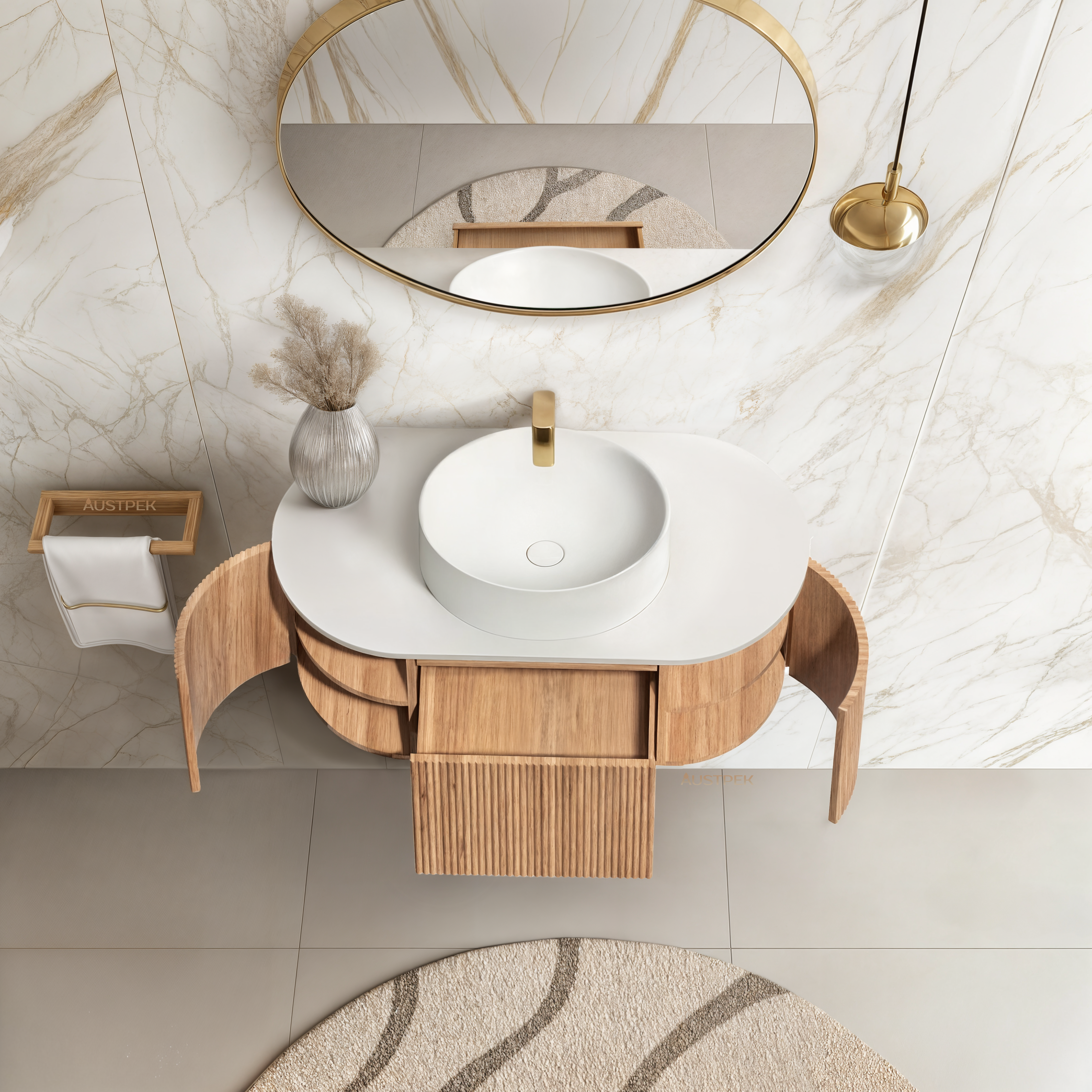 ORIO MONTEBELLO LIGHT WALNUT FLUTED 900MM OVAL SINGLE BOWL WALL HUNG VANITY