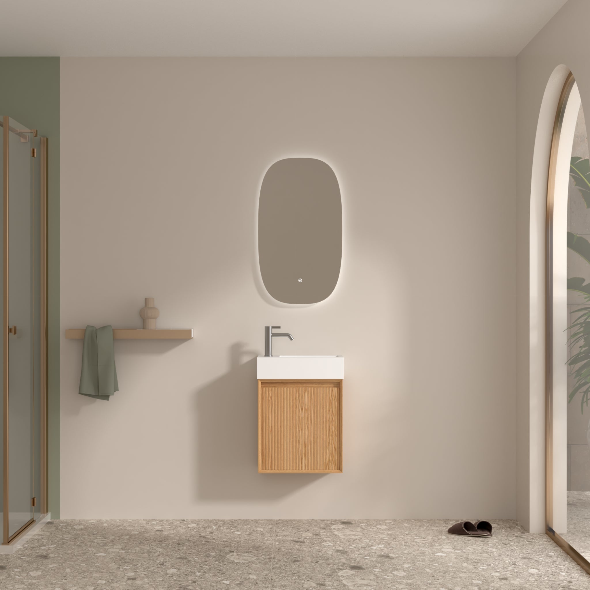 ORIO MONTEBELLO LIGHT WALNUT SPACE SAVING WALL HUNG VANITY WITH SOLID SURFACE BASIN 450MM