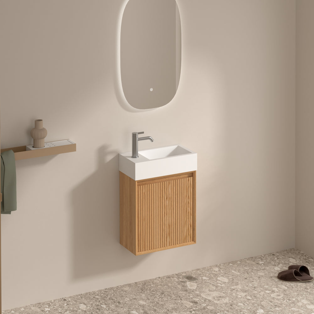 ORIO MONTEBELLO LIGHT WALNUT SPACE SAVING WALL HUNG VANITY WITH SOLID SURFACE BASIN 450MM