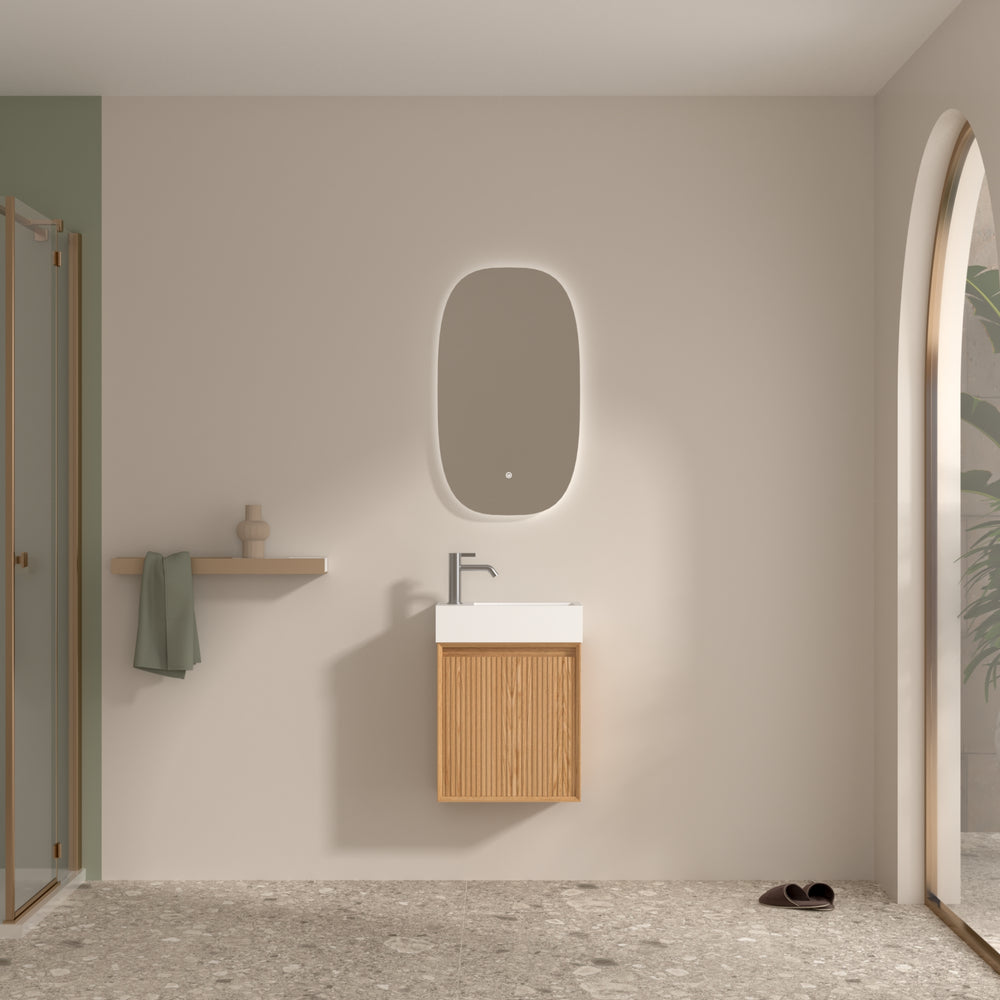 ORIO MONTEBELLO LIGHT WALNUT SPACE SAVING WALL HUNG VANITY WITH SOLID SURFACE BASIN 450MM