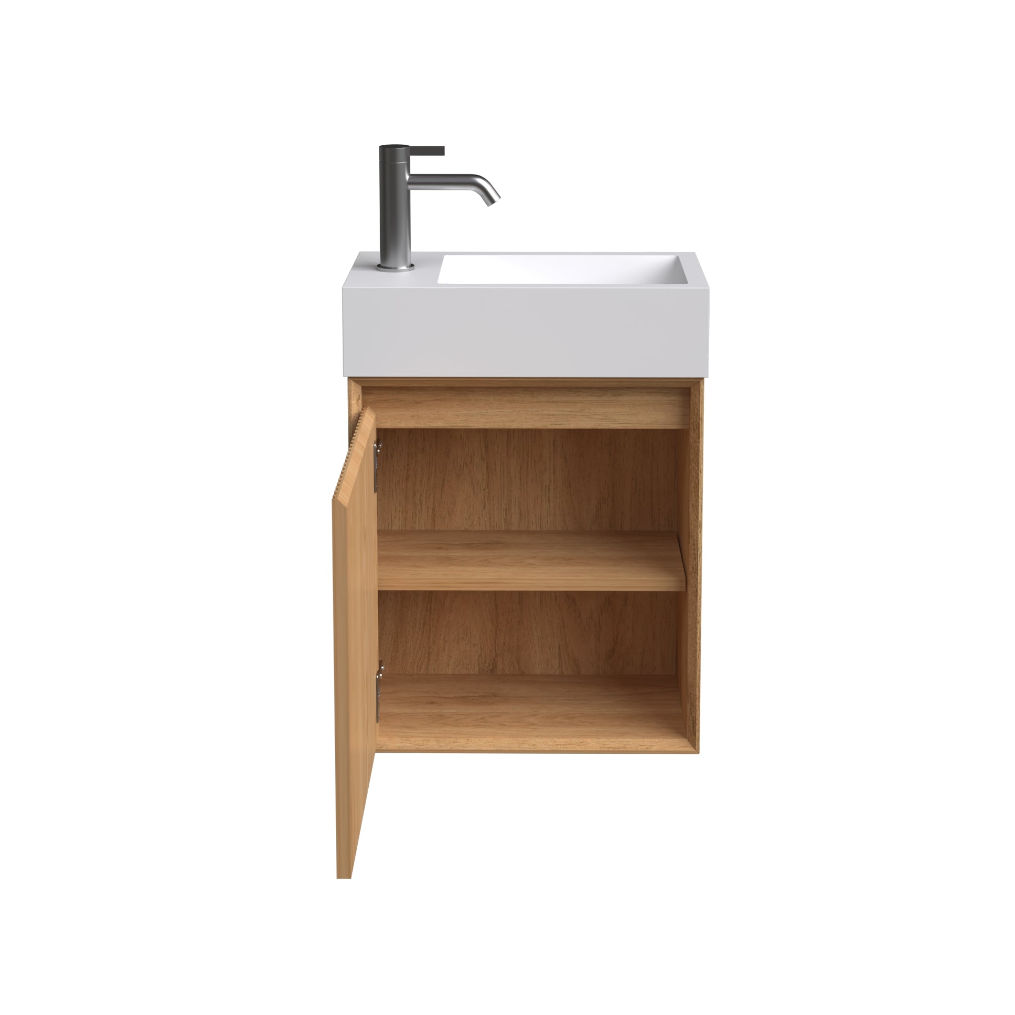 ORIO MONTEBELLO LIGHT WALNUT SPACE SAVING WALL HUNG VANITY WITH SOLID SURFACE BASIN 450MM