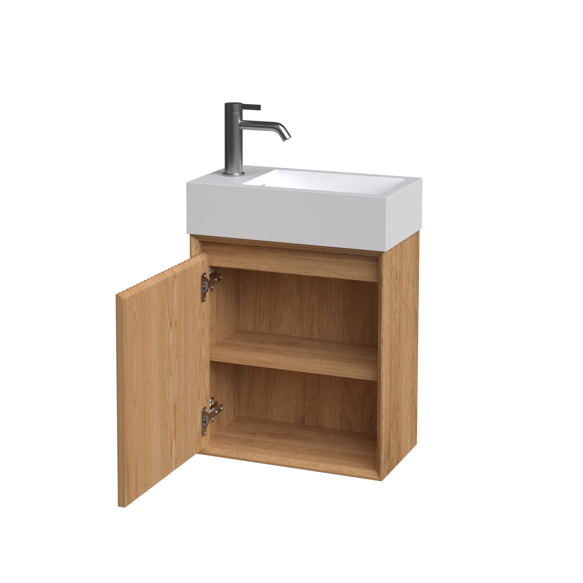 ORIO MONTEBELLO LIGHT WALNUT SPACE SAVING WALL HUNG VANITY WITH SOLID SURFACE BASIN 450MM