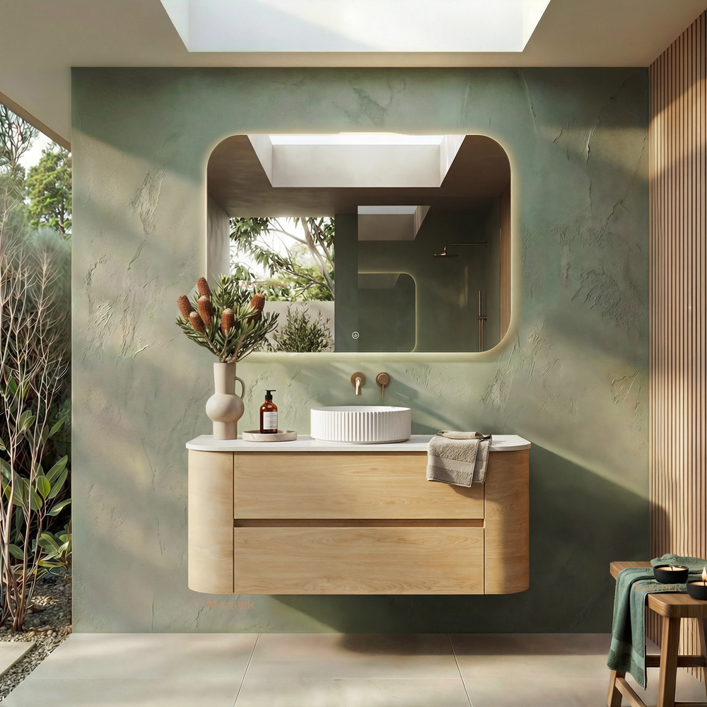 ORIO PEBBLE NATURAL OAK 1200MM CURVE SINGLE BOWL WALL HUNG VANITY