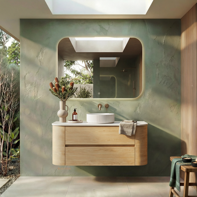 ORIO PEBBLE NATURAL OAK 1200MM CURVE SINGLE BOWL WALL HUNG VANITY