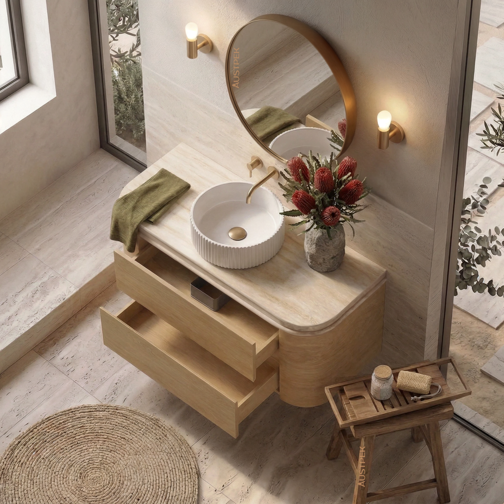 ORIO PEBBLE NATURAL OAK 1200MM CURVE SINGLE BOWL WALL HUNG VANITY