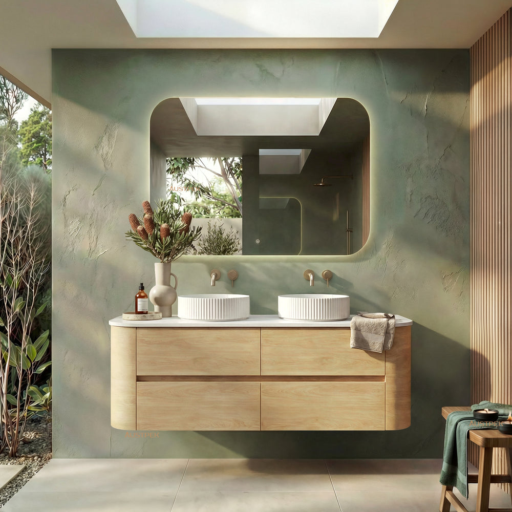 ORIO PEBBLE NATURAL OAK 1500MM CURVE DOUBLE BOWL WALL HUNG VANITY