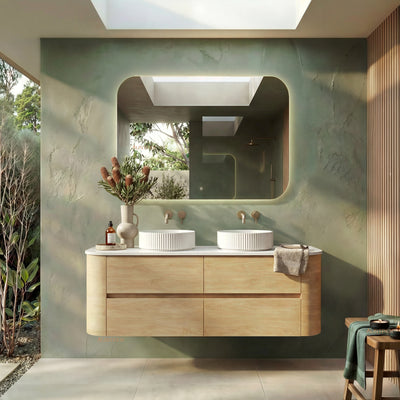 ORIO PEBBLE NATURAL OAK 1500MM CURVE DOUBLE BOWL WALL HUNG VANITY