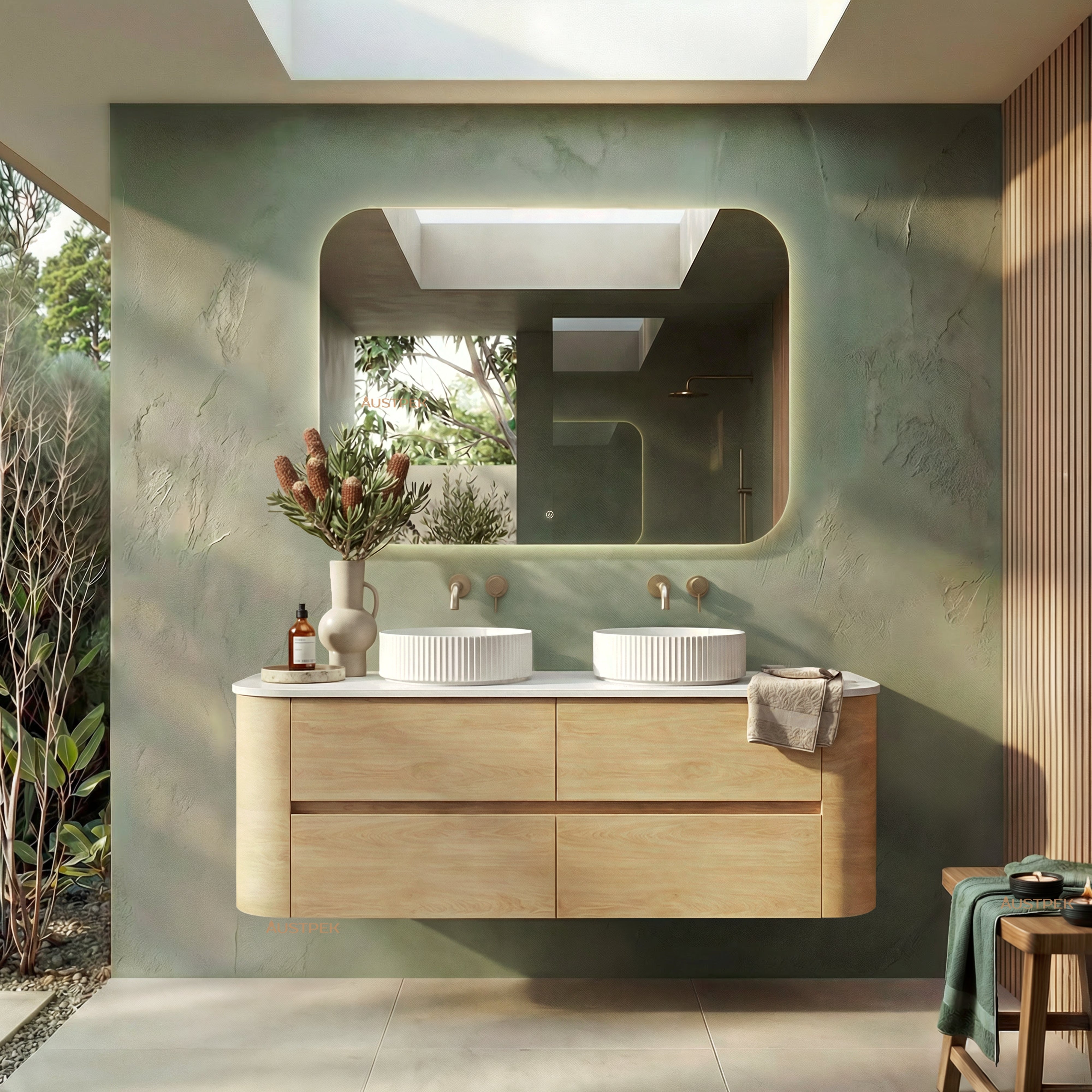 ORIO PEBBLE NATURAL OAK 1500MM CURVE DOUBLE BOWL WALL HUNG VANITY