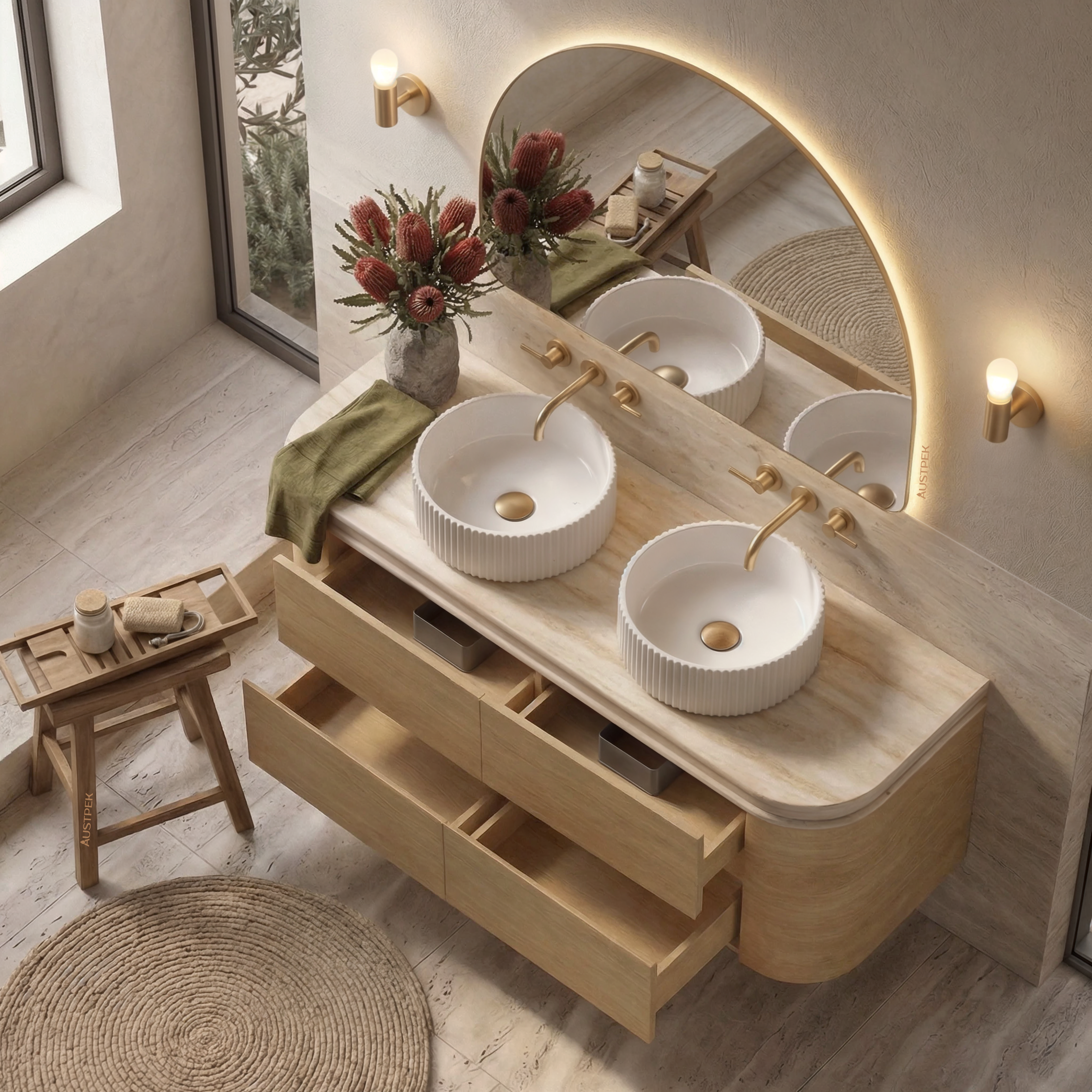 ORIO PEBBLE NATURAL OAK 1500MM CURVE DOUBLE BOWL WALL HUNG VANITY