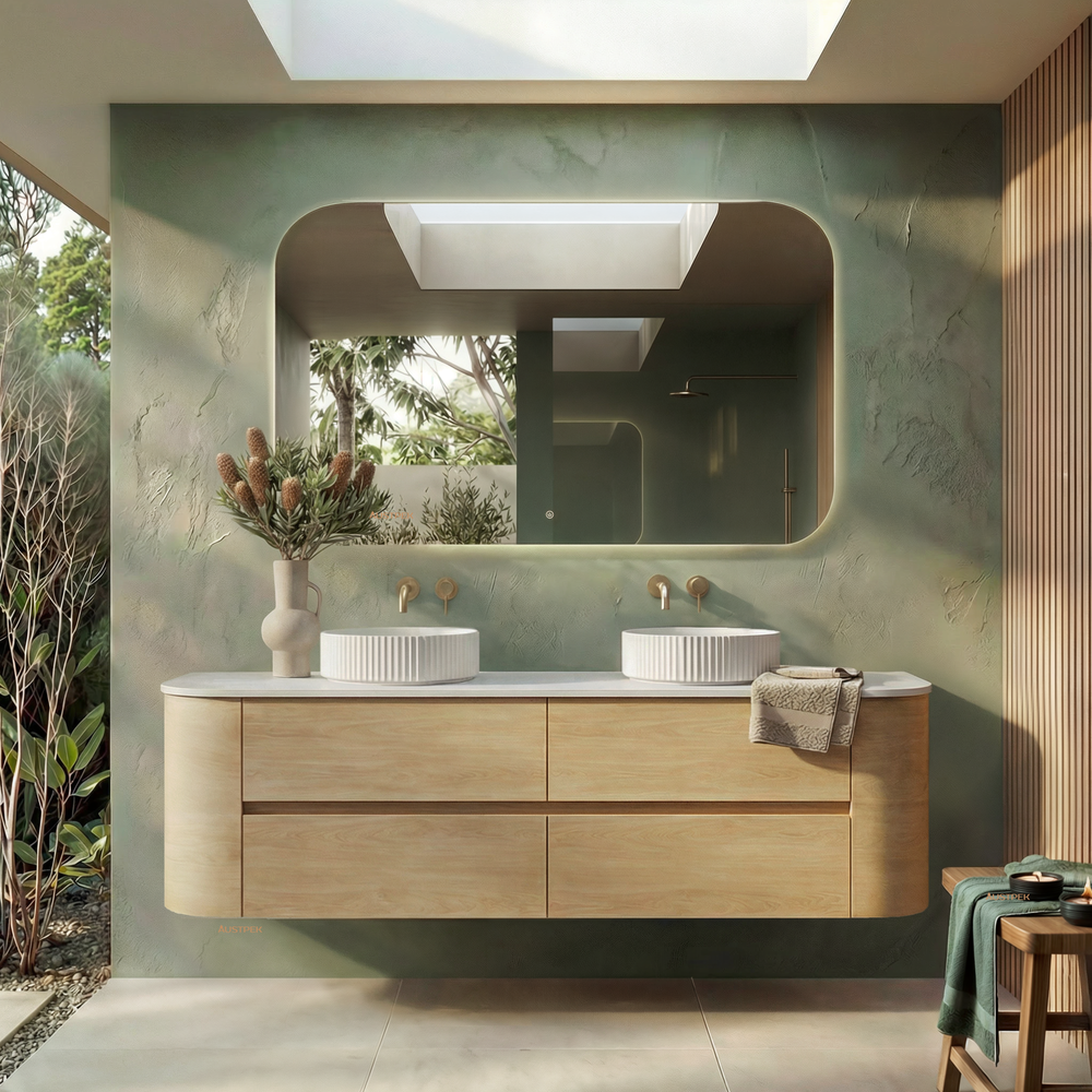 ORIO PEBBLE NATURAL OAK 1800MM CURVE DOUBLE BOWL WALL HUNG VANITY