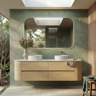 ORIO PEBBLE NATURAL OAK 1800MM CURVE DOUBLE BOWL WALL HUNG VANITY