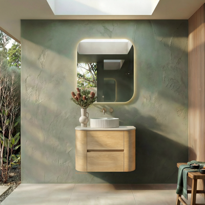 ORIO PEBBLE NATURAL OAK 750MM CURVE SINGLE BOWL WALL HUNG VANITY