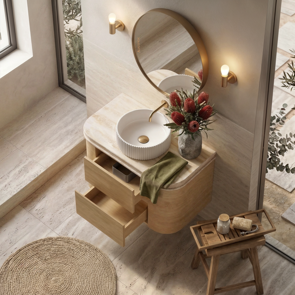 ORIO PEBBLE NATURAL OAK 750MM CURVE SINGLE BOWL WALL HUNG VANITY