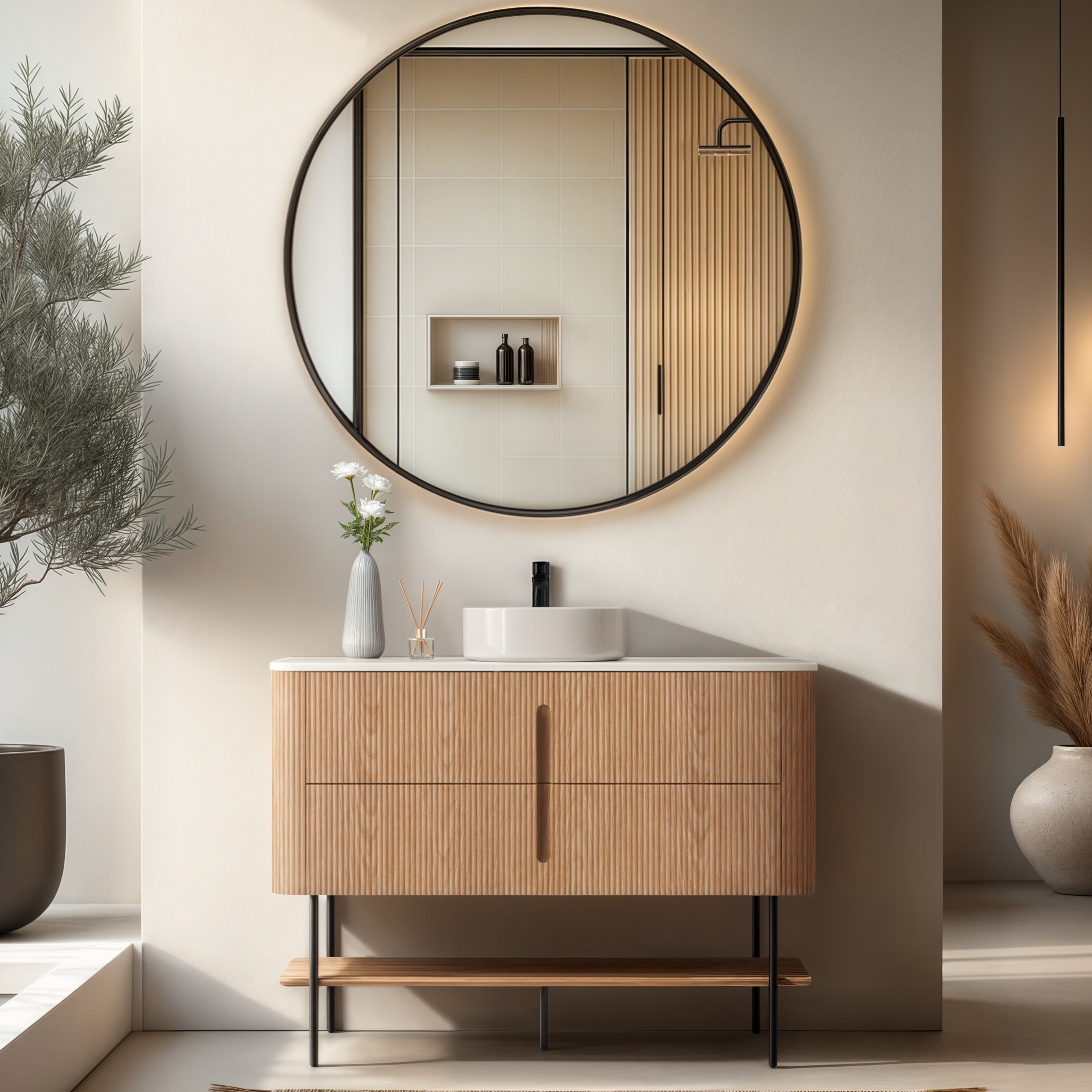 ORIO PINE LIGHT WALNUT FLUTED 1200MM CURVE SINGLE BOWL FLOOR STANDING VANITY