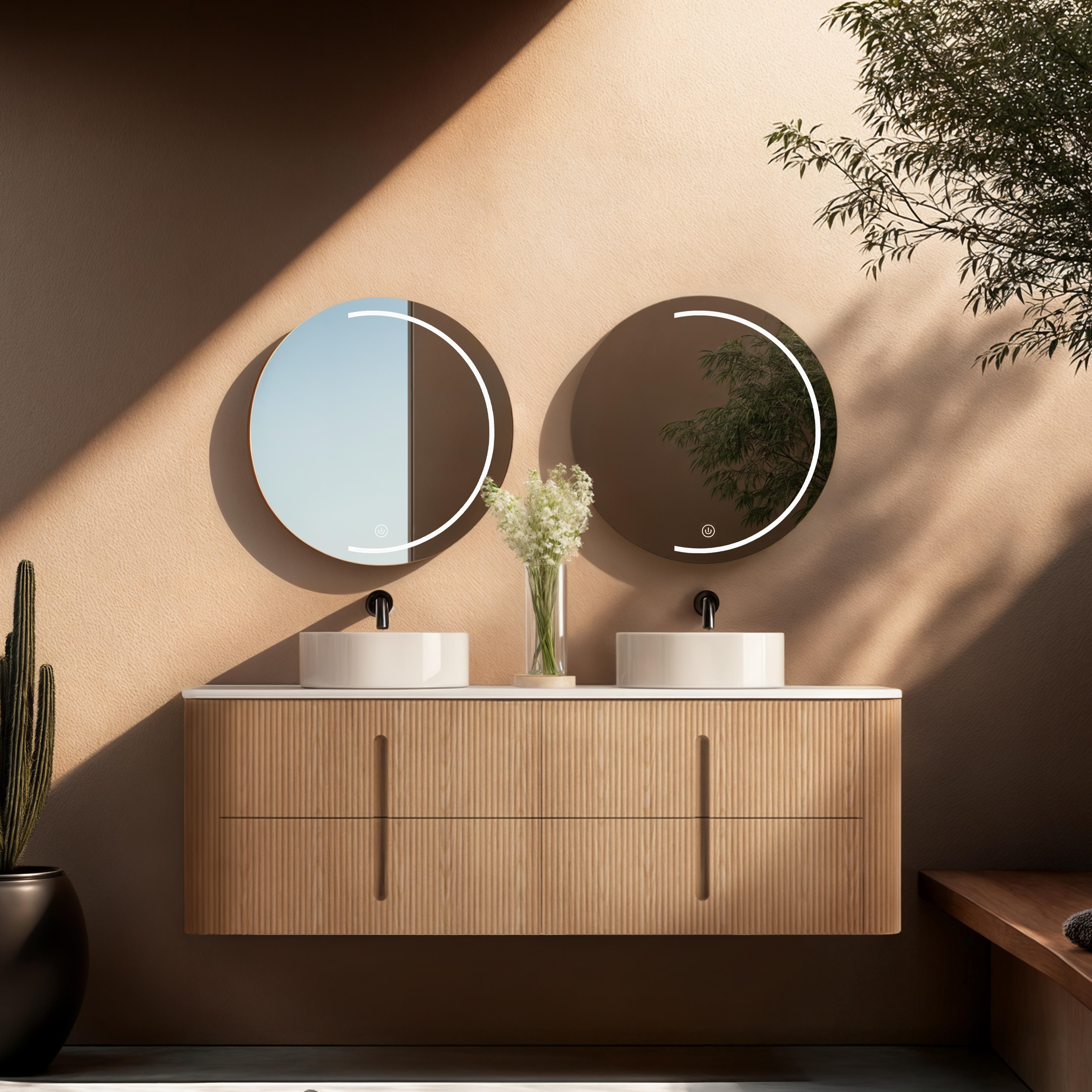 ORIO PINE LIGHT WALNUT FLUTED 1500MM CURVE DOUBLE BOWL WALL HUNG VANITY