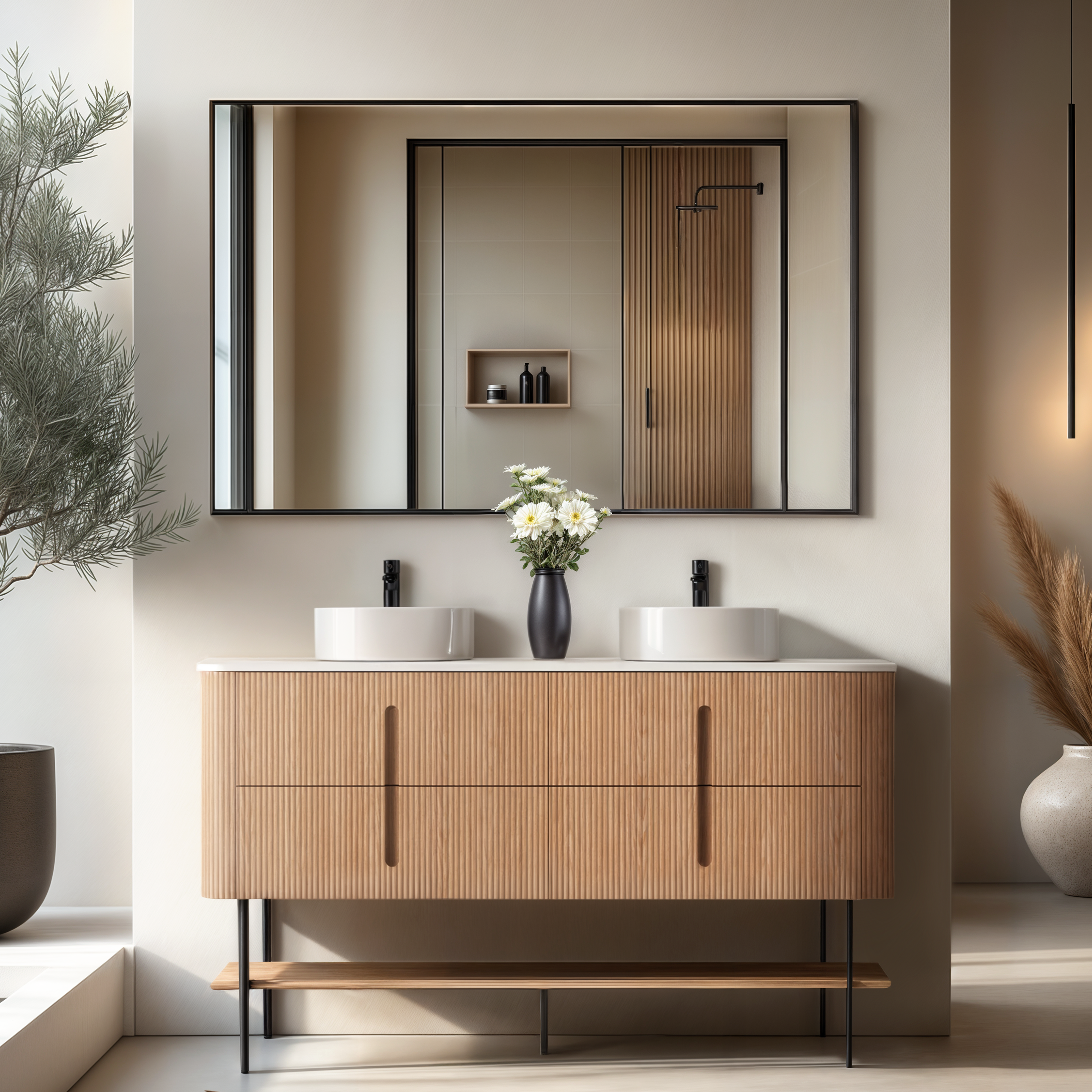 ORIO PINE LIGHT WALNUT FLUTED 1500MM CURVE DOUBLE BOWL FLOOR STANDING VANITY