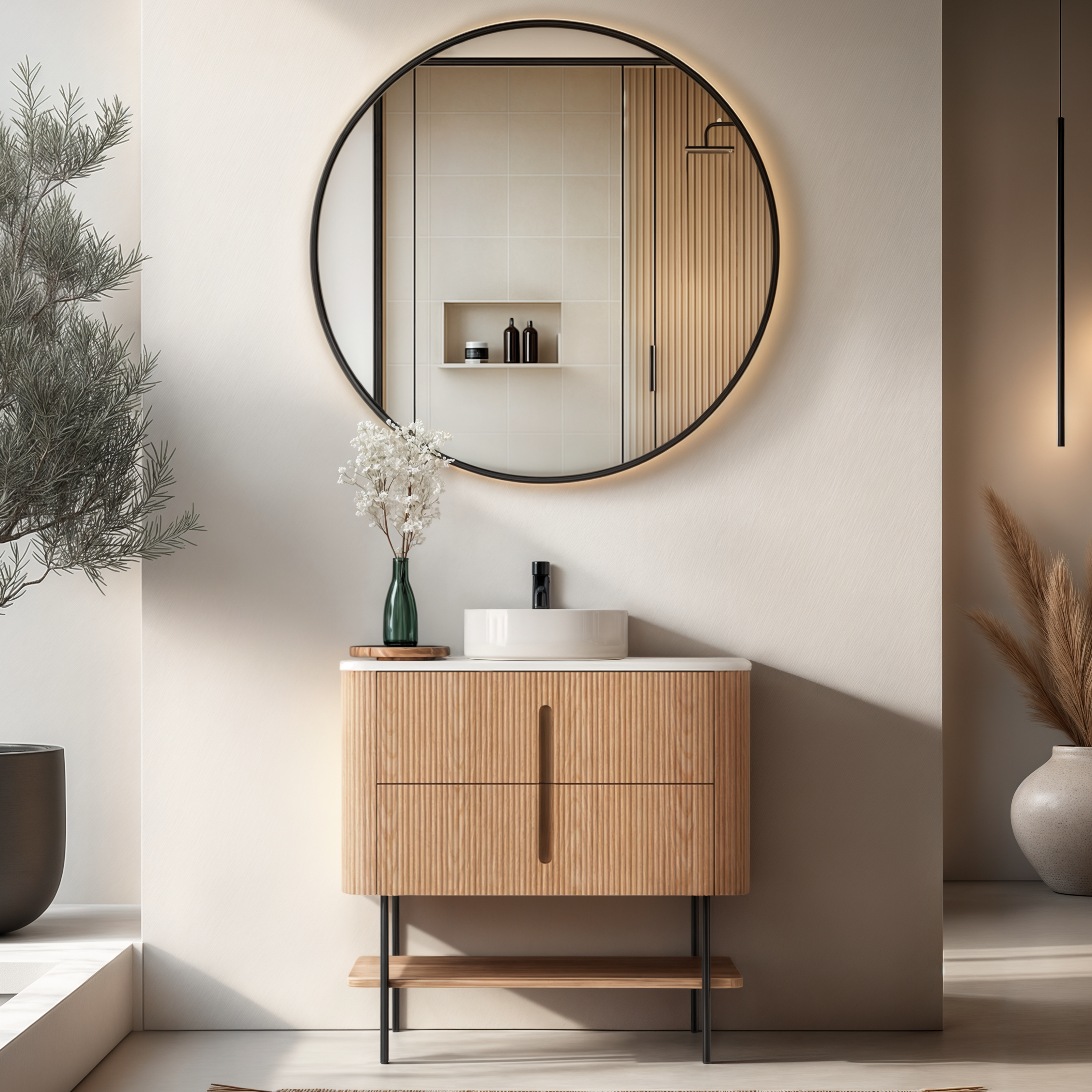 ORIO PINE LIGHT WALNUT FLUTED 900MM CURVE SINGLE BOWL FLOOR STANDING VANITY