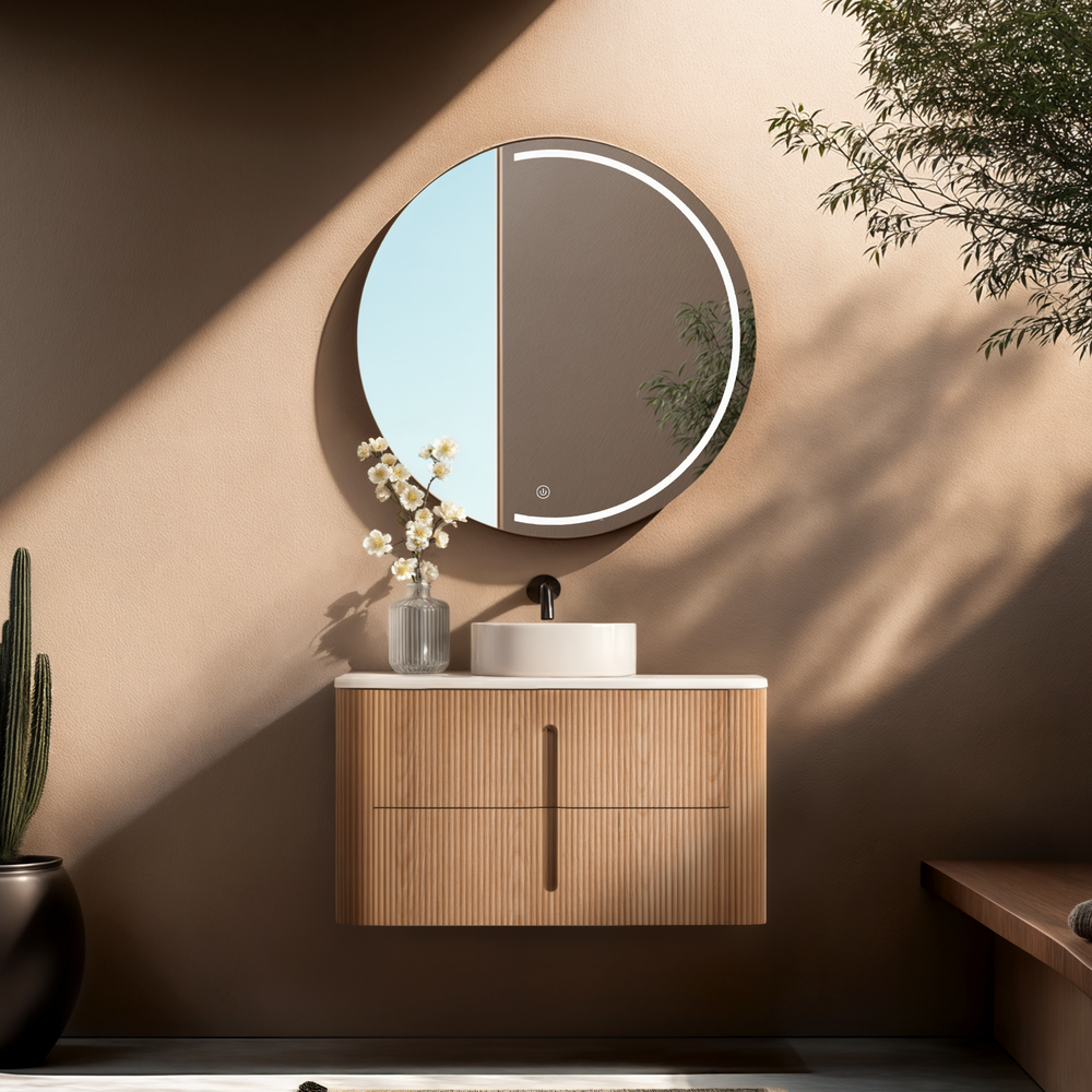 ORIO PINE LIGHT WALNUT FLUTED 900MM CURVE SINGLE BOWL WALL HUNG VANITY