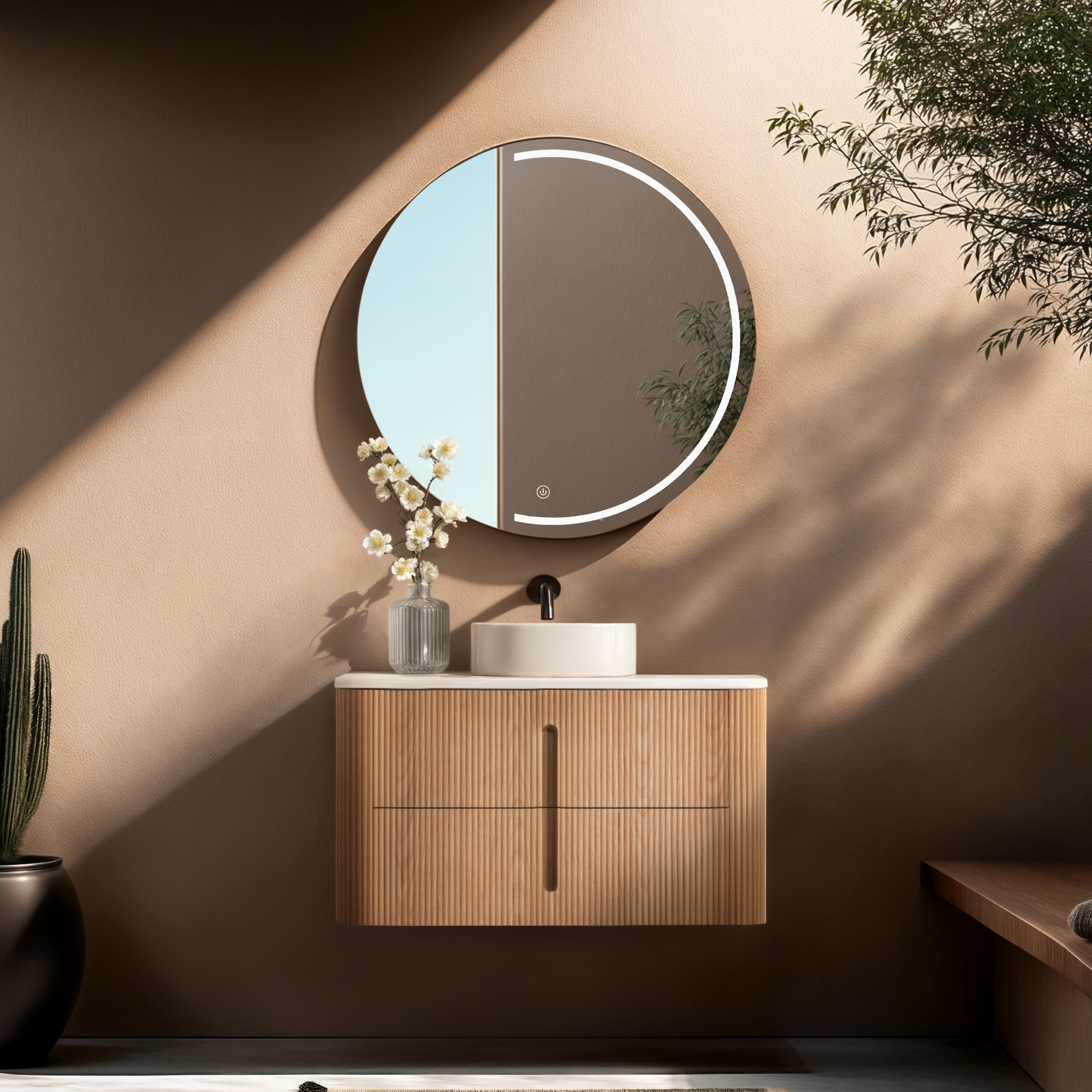 ORIO PINE LIGHT WALNUT FLUTED 900MM CURVE SINGLE BOWL WALL HUNG VANITY