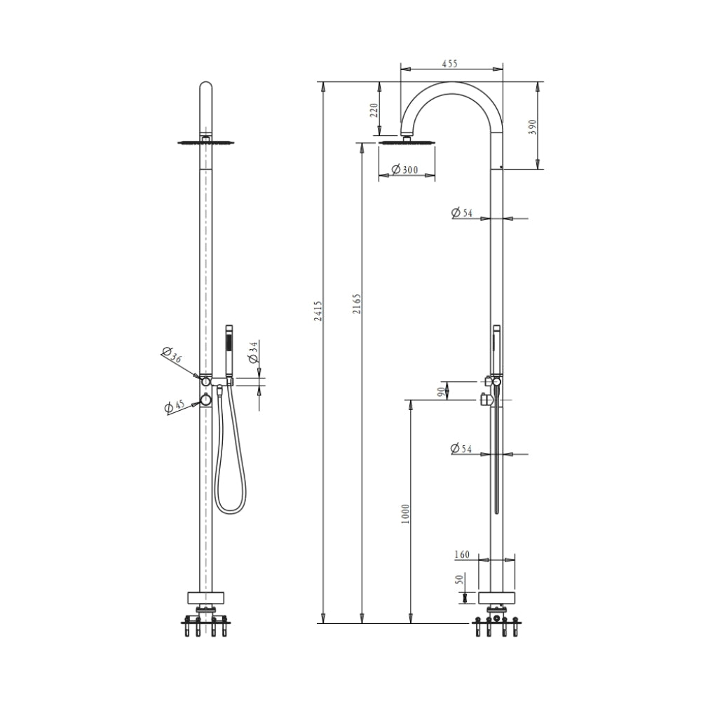 BELLA VISTA MICA GOOSENECK FREESTANDING OUTDOOR SHOWER 2415MM BRUSHED NICKEL