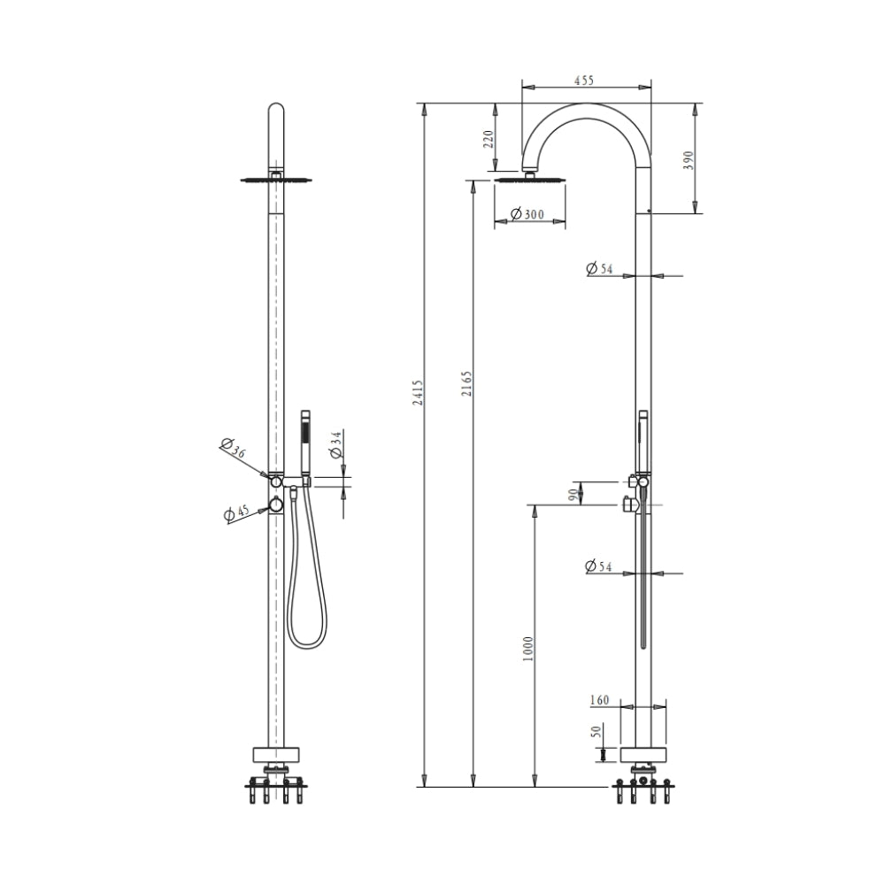 BELLA VISTA MICA GOOSENECK FREESTANDING OUTDOOR SHOWER 2415MM DUSK BRONZE