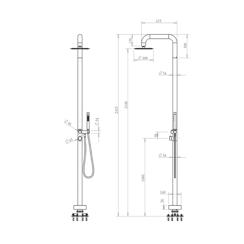 BELLA VISTA MICA SOFT-SQUARE FREESTANDING OUTDOOR SHOWER 2325MM BRUSHED NICKEL