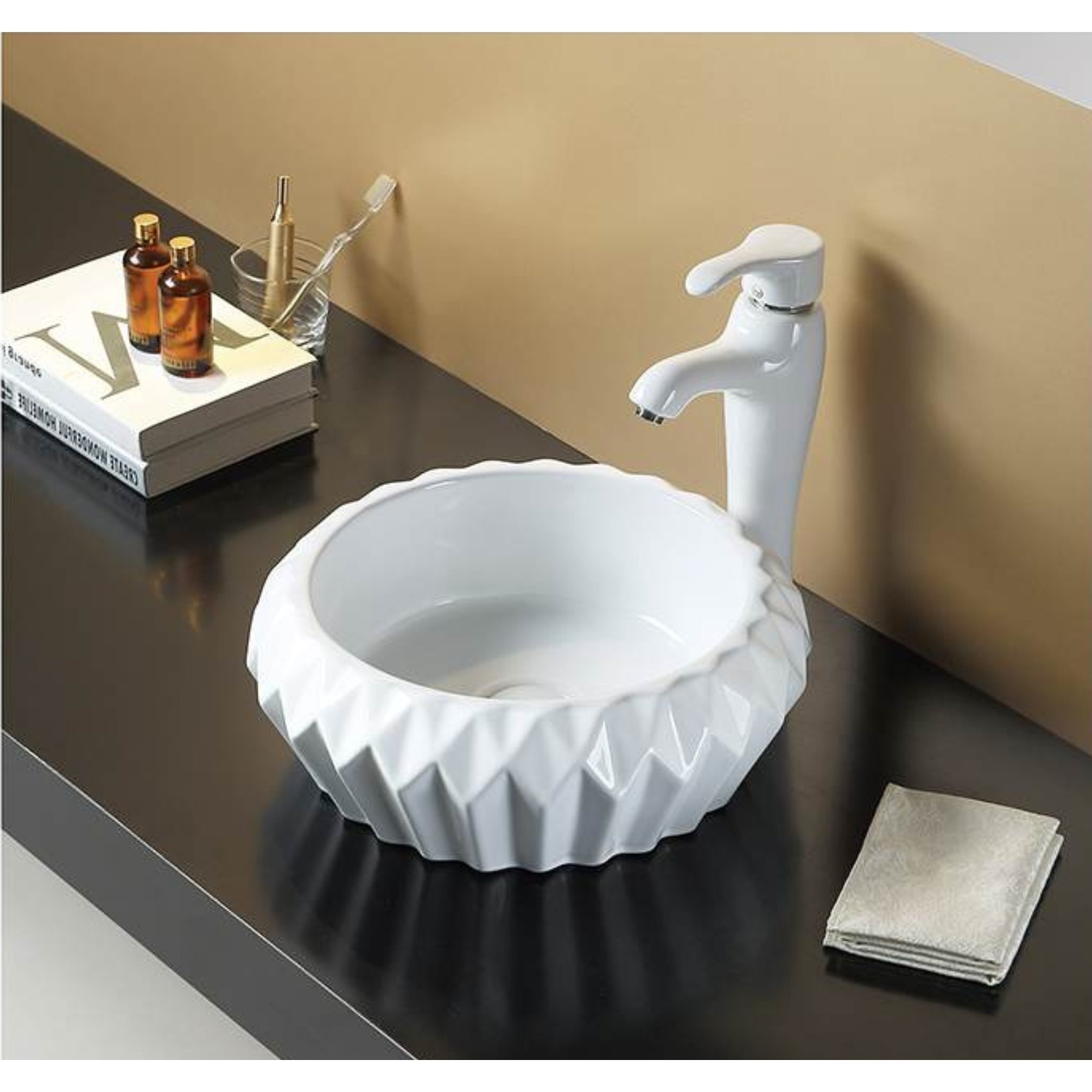 VITO OSLO DIAMOND ROUND CERAMIC ABOVE COUNTER BASIN MATTE WHITE 400MM