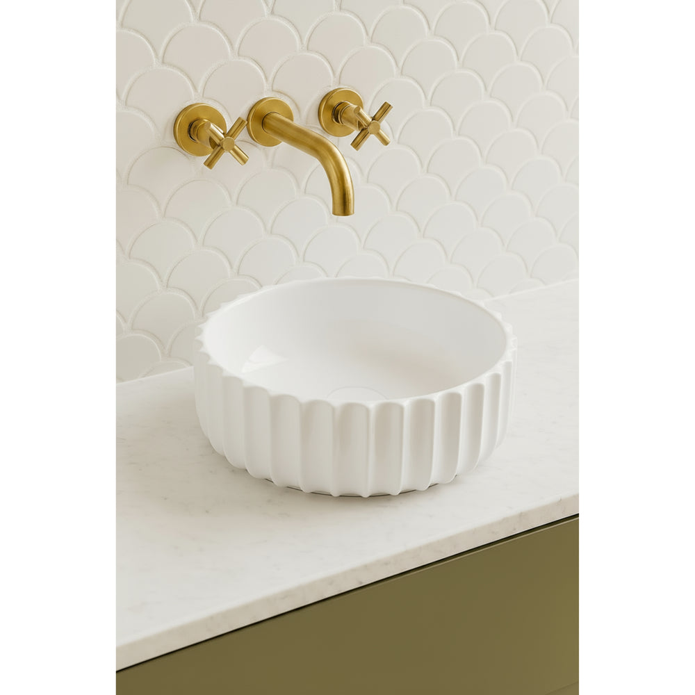VITO OSLO FLUTED ROUND CERAMIC ABOVE COUNTER BASIN GLOSS WHITE 420MM