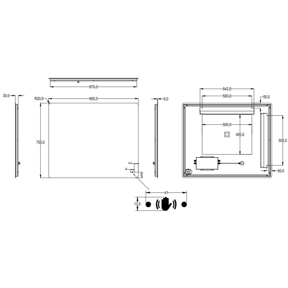 VITO OVIAN RECTANGULAR FRAMELESS BACKLIT LED MIRROR 3 COLOUR LIGHTS 900X750MM